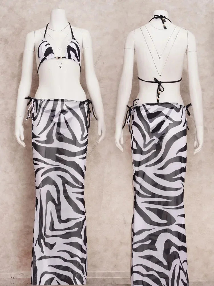 Sexy Zebra Stripes 3 Pieces Bikini Set 2024 Summer Beach Wear Triangle Bikinis Swimsuit With Beach Skirt Swimwear Cover-up A155
