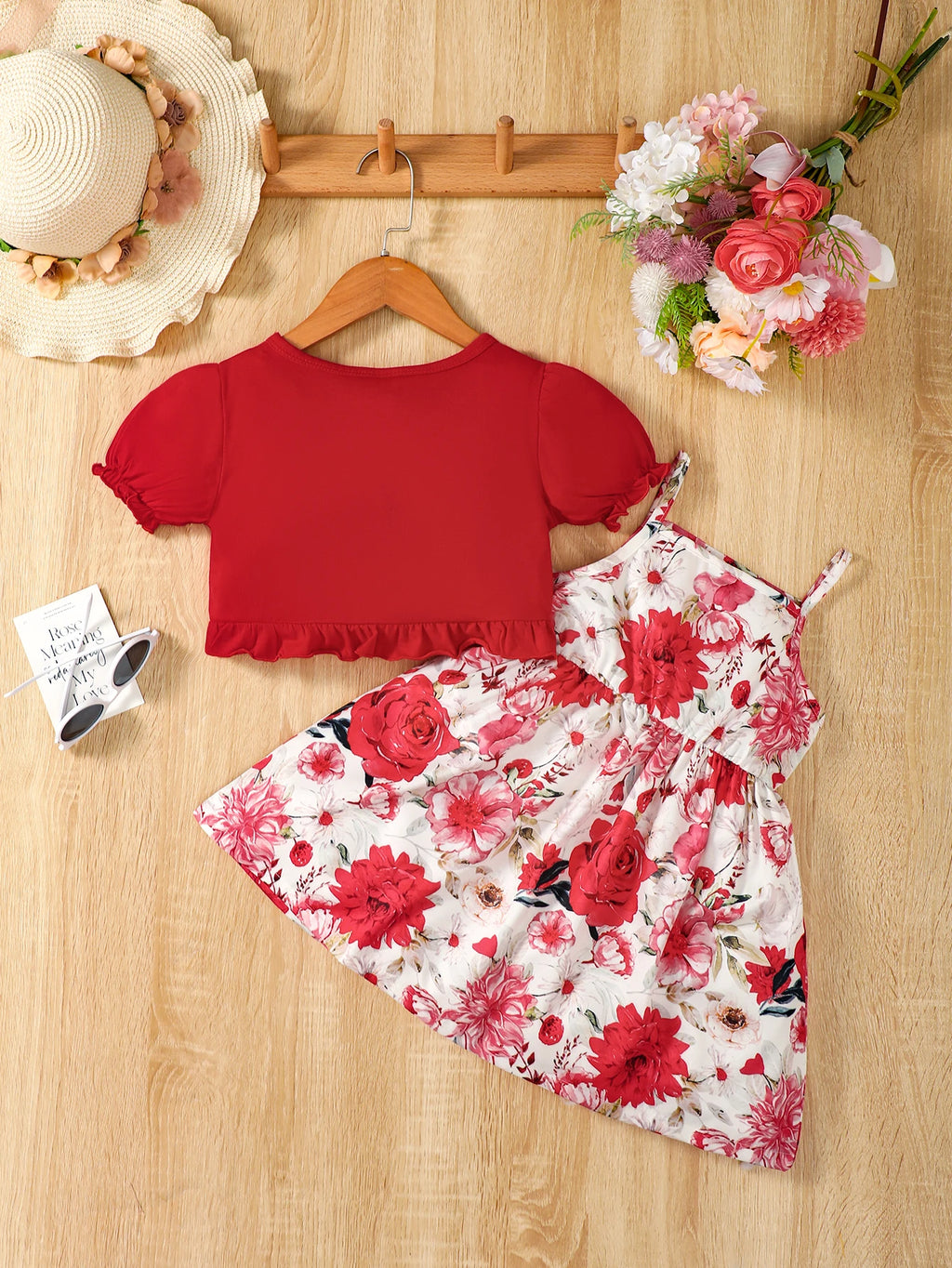 2PC Children's New Hanging Strap Flower Bow Skirt Bubble Sleeves Shawl Skirt Suitable for Girls Aged 1-6 Summer Fashion Dress