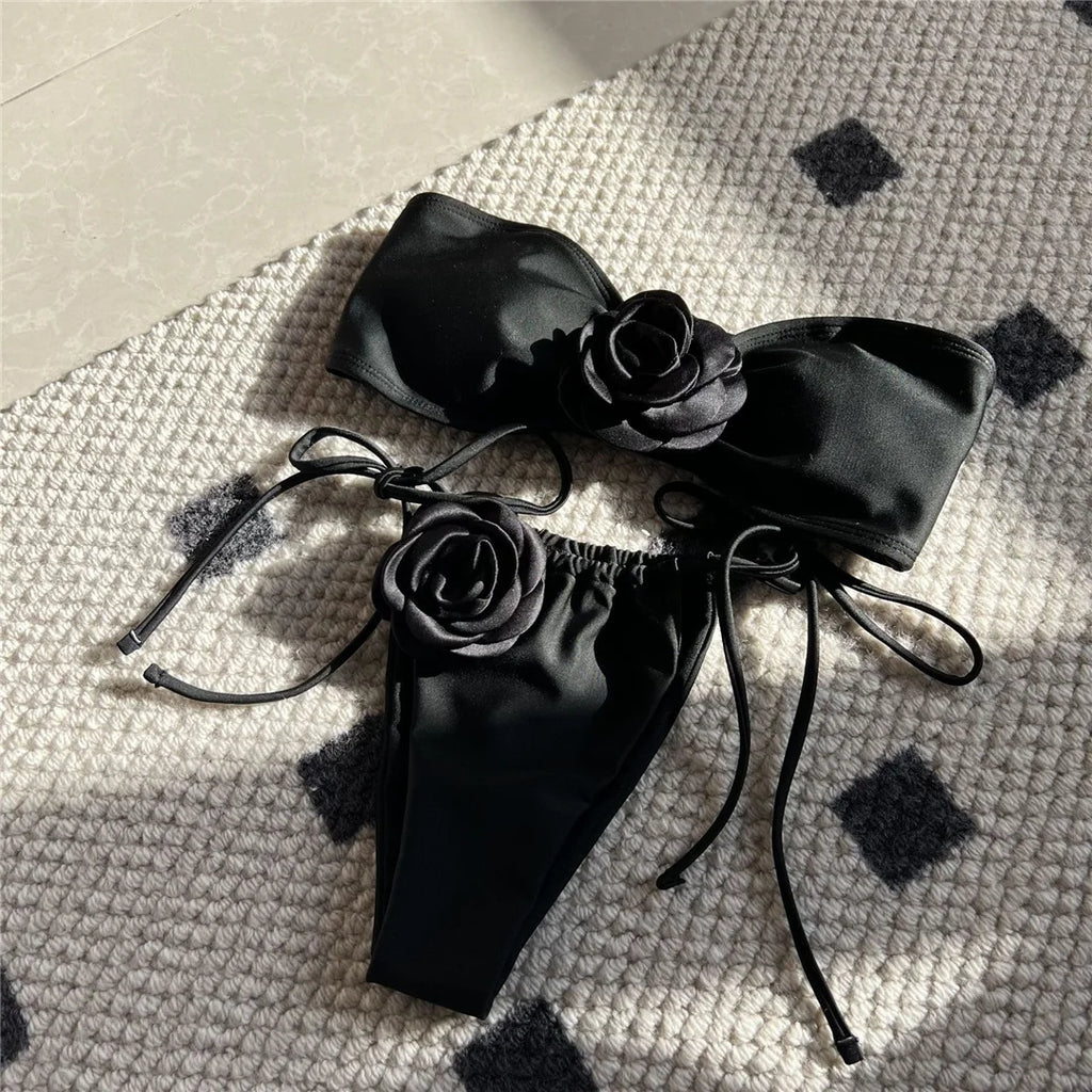14 Colors 3D Flowers Bandeau High Cut Bikini Female Swimsuit Women Swimwear Two-pieces Bikini set Bather Bathing Suit Swim V5265