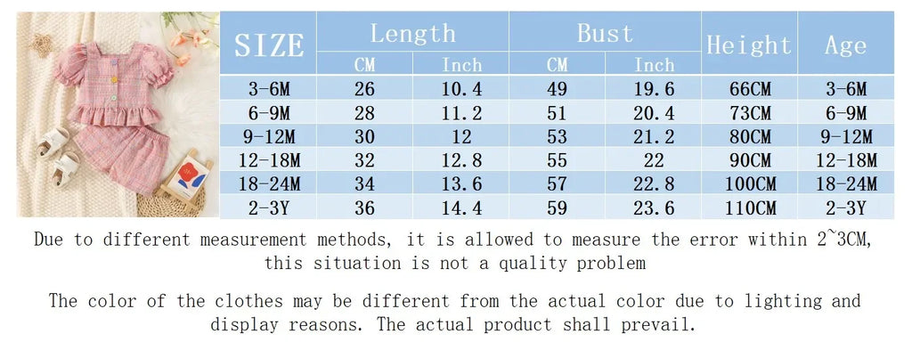 (0-3 Years Old) Summer Baby Girl Cotton Colored Plaid Bubble Sleeve Top and Shorts Set Cute Princess Style Girl Two-piece Set