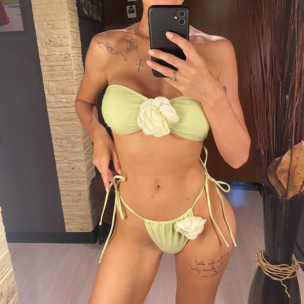 14 Colors 3D Flowers Bandeau High Cut Bikini Female Swimsuit Women Swimwear Two-pieces Bikini set Bather Bathing Suit Swim V5265