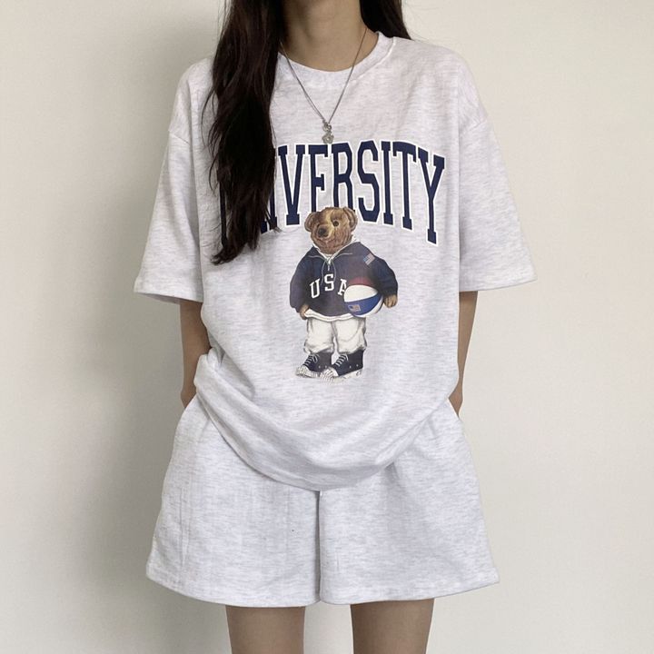 Summer Cotton Bear Print Short Sets 2025 New Casual Loose Two Pieces Short Sleeve T Shirt and High Waist Short Pants Suits Women