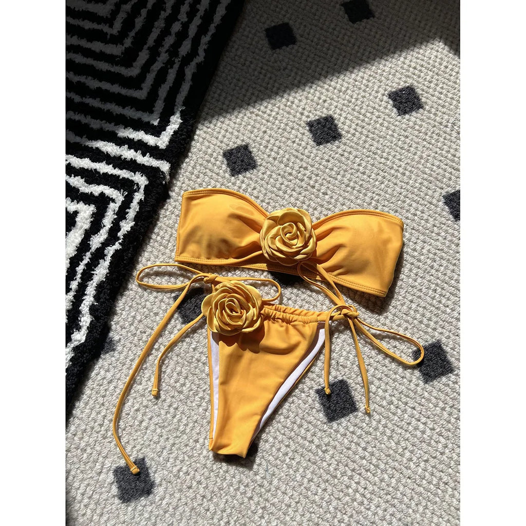14 Colors 3D Flowers Bandeau High Cut Bikini Female Swimsuit Women Swimwear Two-pieces Bikini set Bather Bathing Suit Swim V5265