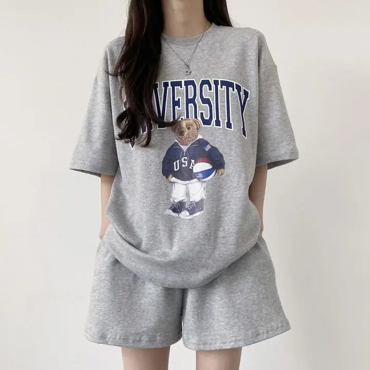 Summer Cotton Bear Print Short Sets 2025 New Casual Loose Two Pieces Short Sleeve T Shirt and High Waist Short Pants Suits Women