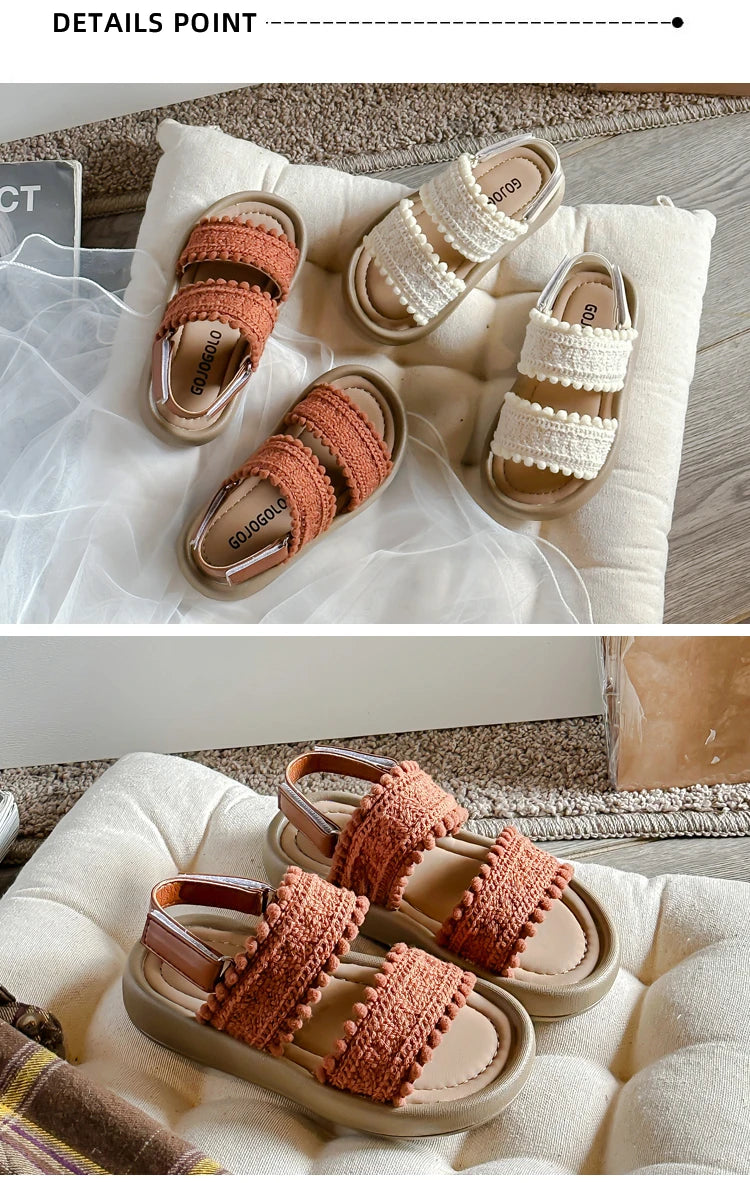 Kids Fashion Girls Sandals 2024 New Soft Ethnic French Wind Open-toe Cool Breatheable Princess Shoes Children Versatile Platform