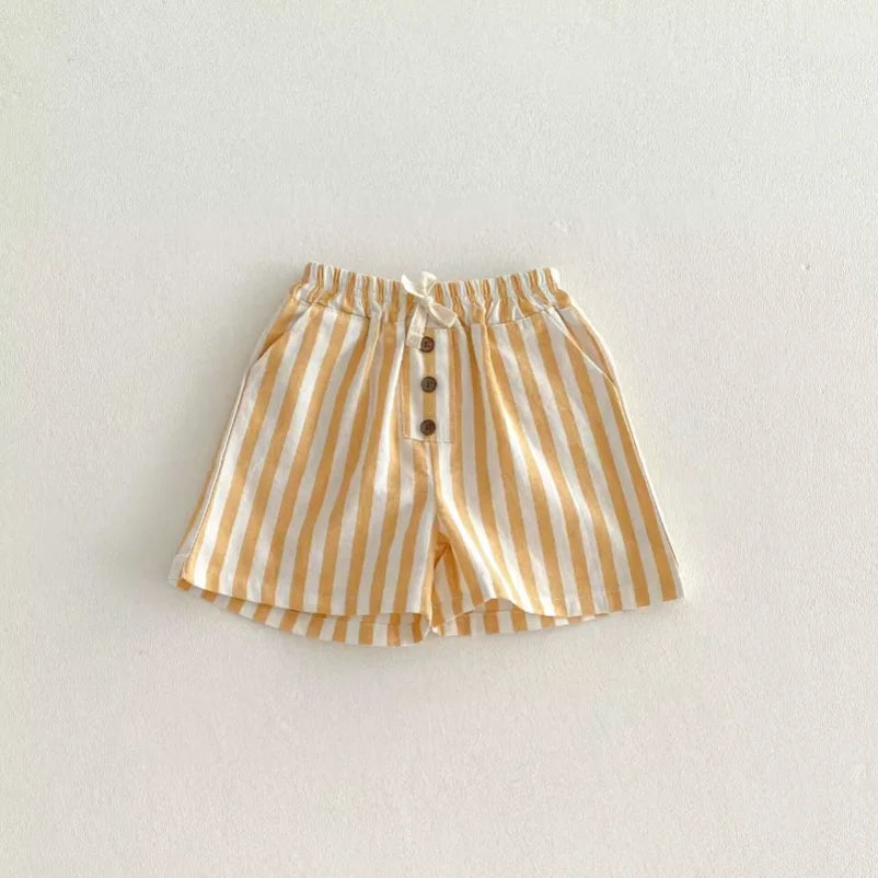 New 0-24M Baby Boys Stripe Shorts Vintage Linen Cotton Casual Buttons Pocket Design Baby Short Pants for Toddler Girls Clothing