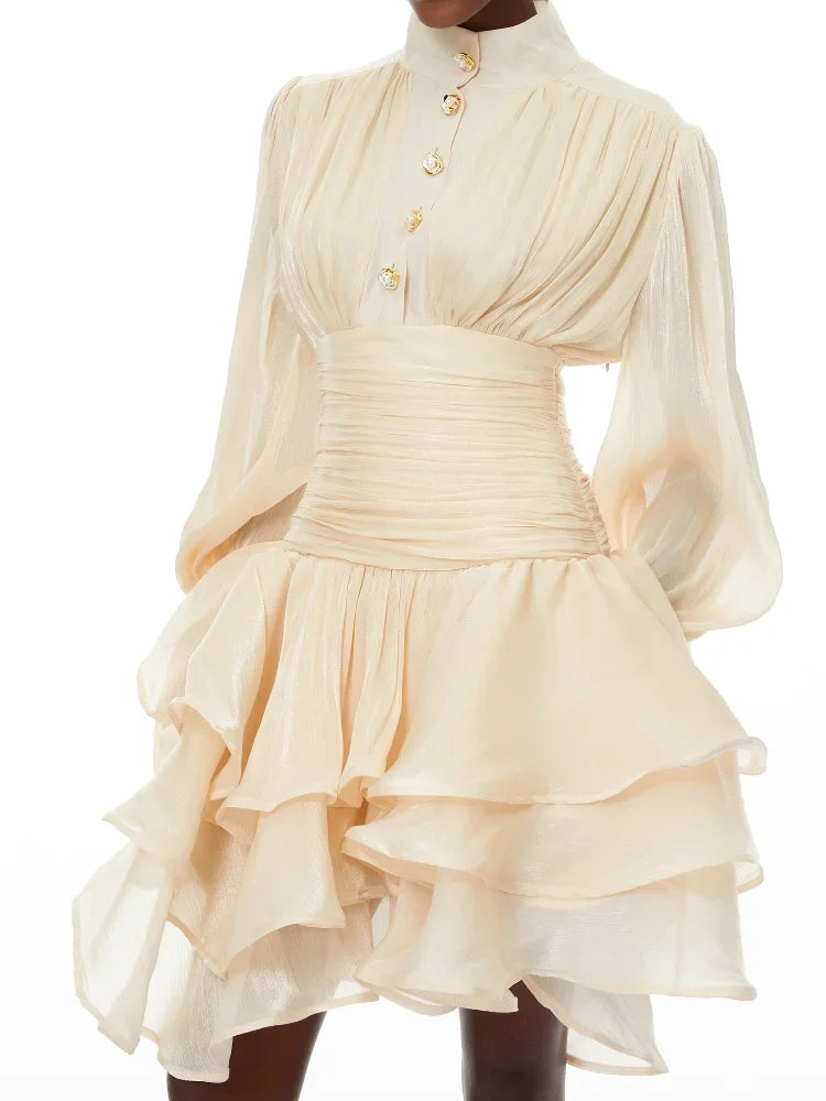 Elegant High Collar Ruffled Mini Dress