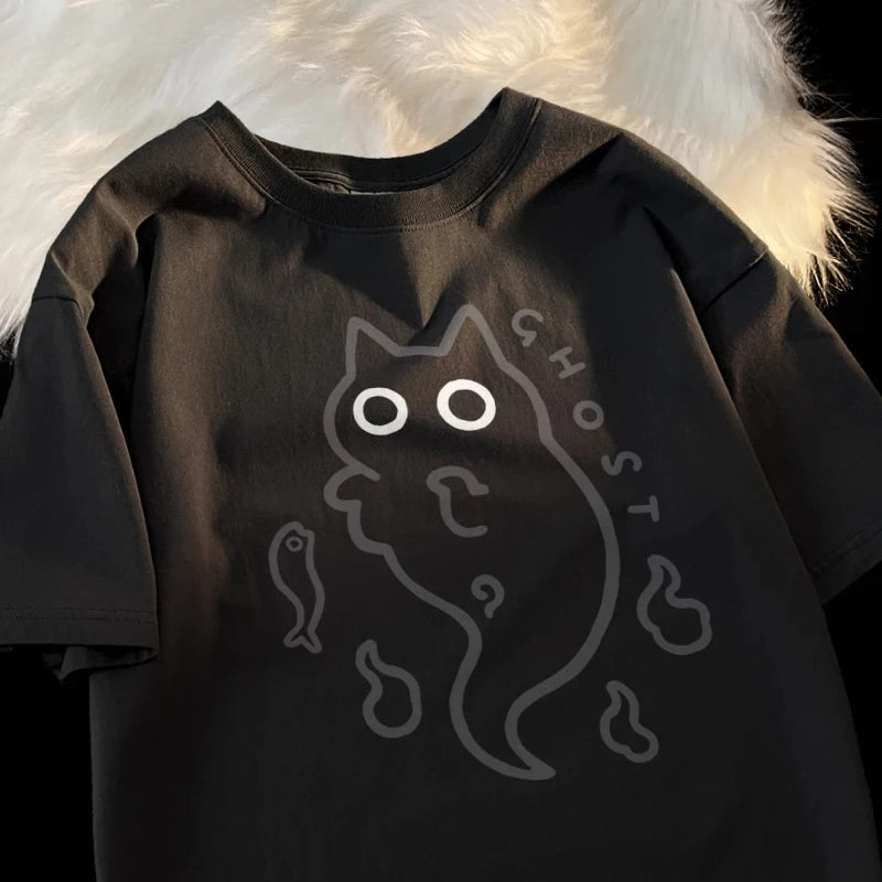 Ghost Cat Loose Short Sleeved T-shirt for Women Original Japanese Fashion Brand Couple Pure Cat Transparent Ghost Cat