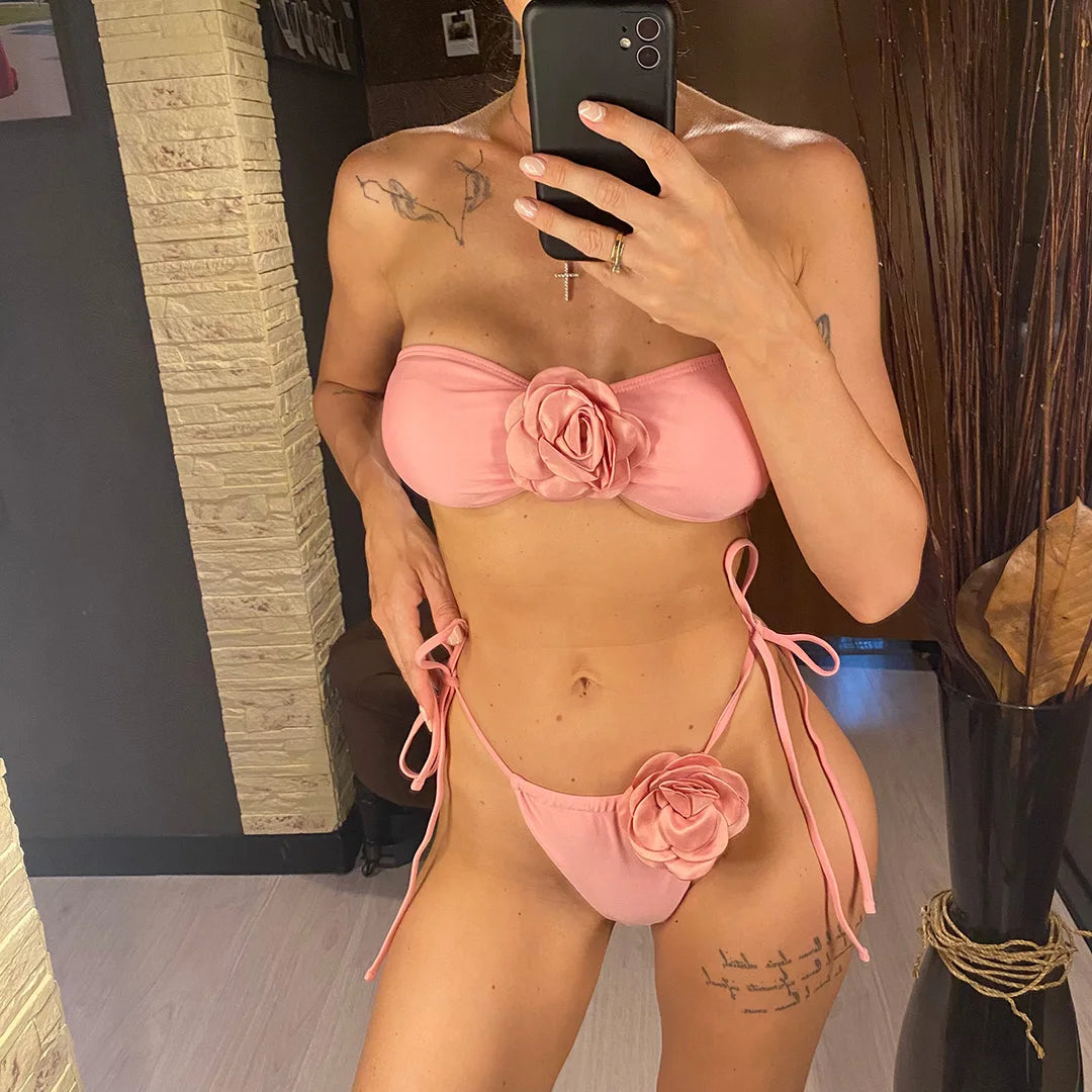 14 Colors 3D Flowers Bandeau High Cut Bikini Female Swimsuit Women Swimwear Two-pieces Bikini set Bather Bathing Suit Swim V5265