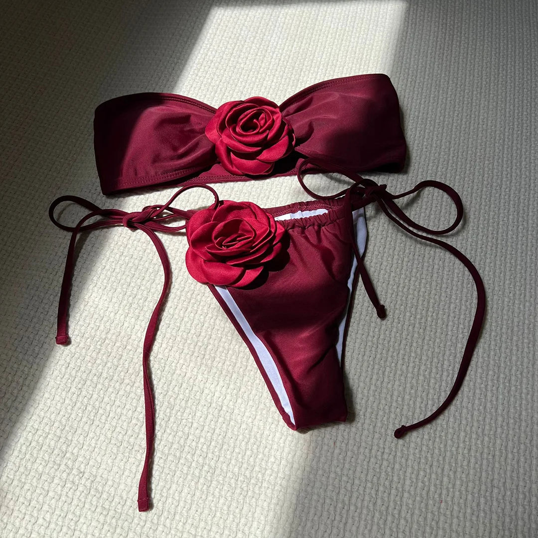 14 Colors 3D Flowers Bandeau High Cut Bikini Female Swimsuit Women Swimwear Two-pieces Bikini set Bather Bathing Suit Swim V5265