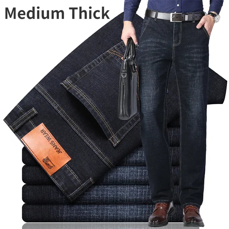2024 Brand Thin or Thick Material Straight Cotton Stretch Denim Men's  Business Casual High Waist Light Grey Blue Jeans