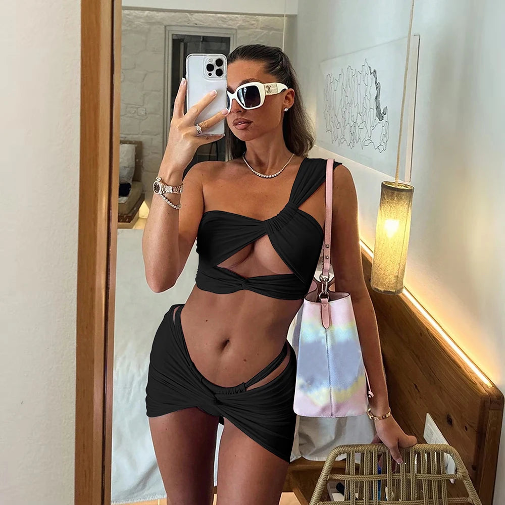 3 Pieces Sexy Bikini One Shoulder Bikini Set Women Swimsuit Female Swimwear 2026 Cover-Ups Bathing Suit Beachwear Biquini