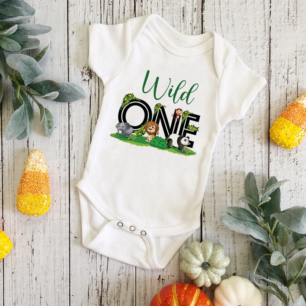 Wild One Birthday Baby Bodusuit Safari Animals Printed Romper Infant 1st Birthday Jungle Party Outfit Jumpsuit Baby Shower Gift