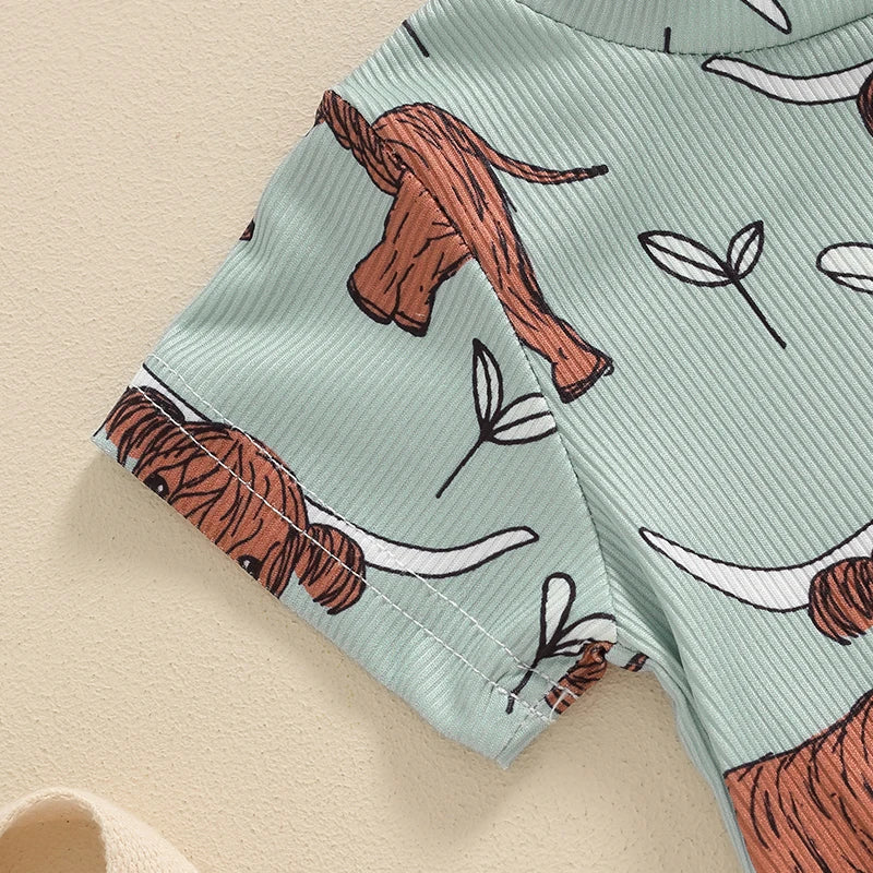 2024-03-19 Lioraitiin 0-18M Lovely Baby Boys Western Jumpsuit Short Sleeve Crew Neck Cow Head Print Summer Casual Romper
