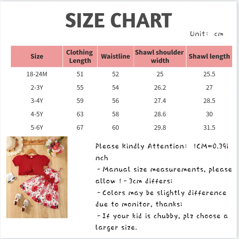2PC Children's New Hanging Strap Flower Bow Skirt Bubble Sleeves Shawl Skirt Suitable for Girls Aged 1-6 Summer Fashion Dress