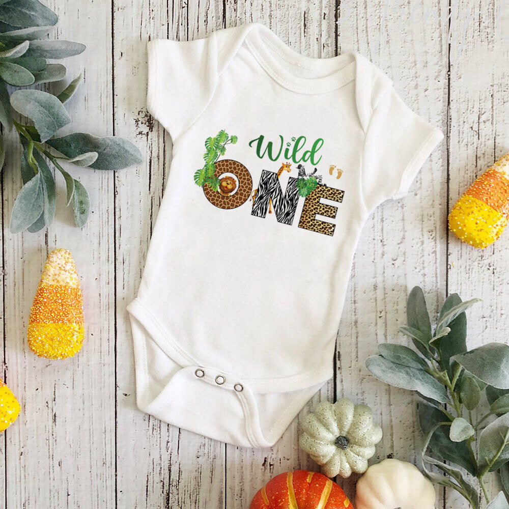 Wild One Birthday Baby Bodusuit Safari Animals Printed Romper Infant 1st Birthday Jungle Party Outfit Jumpsuit Baby Shower Gift