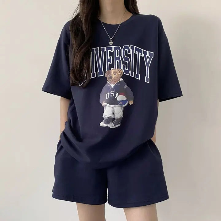 Summer Cotton Bear Print Short Sets 2025 New Casual Loose Two Pieces Short Sleeve T Shirt and High Waist Short Pants Suits Women