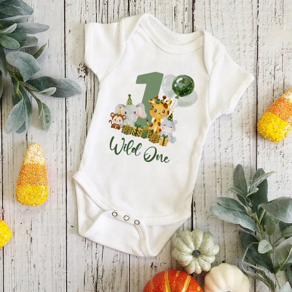 Wild One Birthday Baby Bodusuit Safari Animals Printed Romper Infant 1st Birthday Jungle Party Outfit Jumpsuit Baby Shower Gift