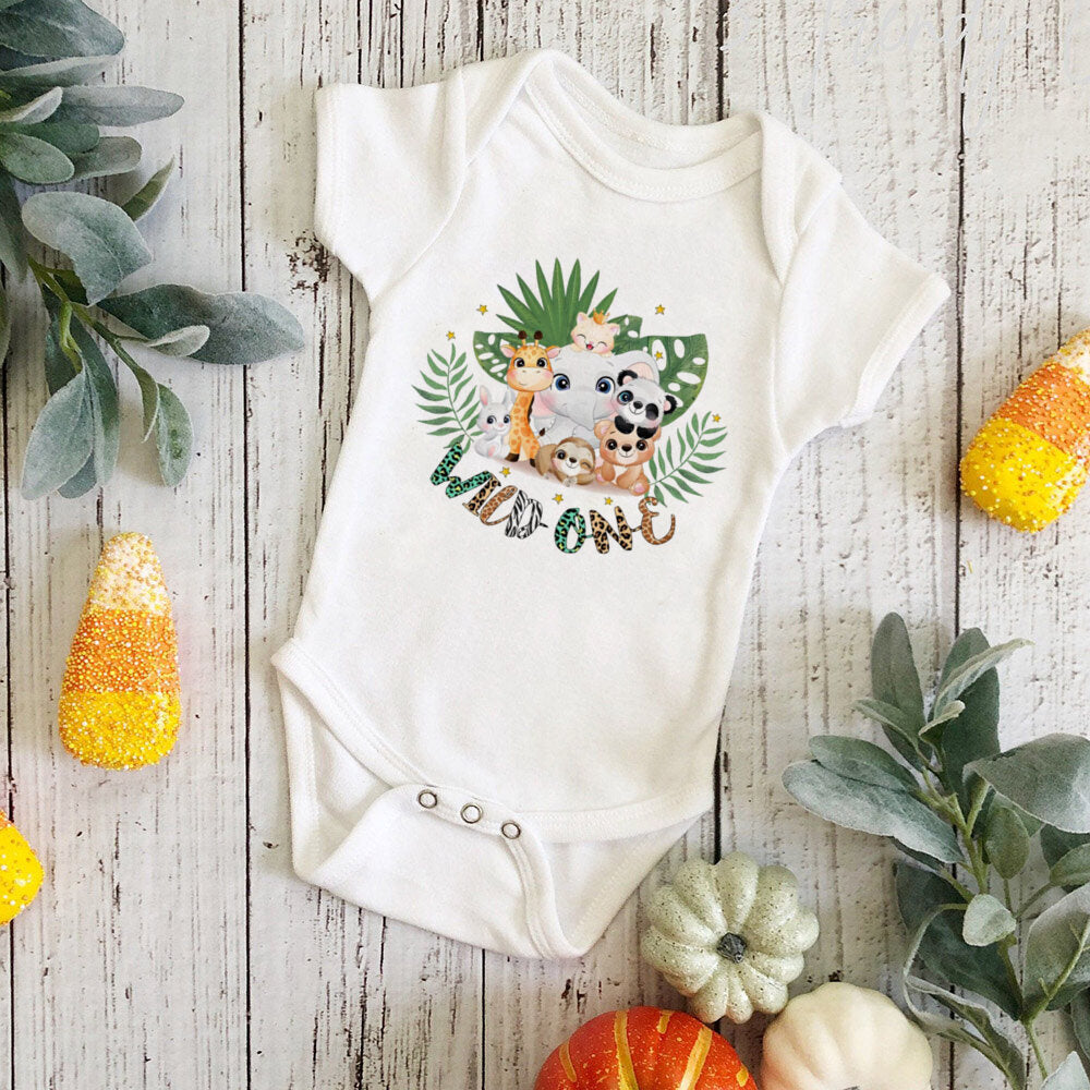 Wild One Birthday Baby Bodusuit Safari Animals Printed Romper Infant 1st Birthday Jungle Party Outfit Jumpsuit Baby Shower Gift