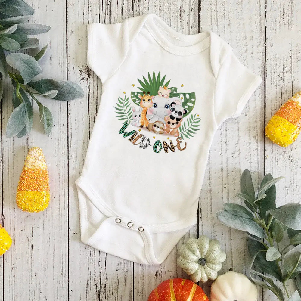 Wild One Birthday Baby Bodusuit Safari Animals Printed Romper Infant 1st Birthday Jungle Party Outfit Jumpsuit Baby Shower Gift
