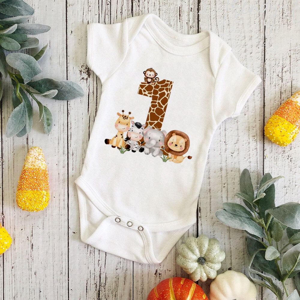 Wild One Birthday Baby Bodusuit Safari Animals Printed Romper Infant 1st Birthday Jungle Party Outfit Jumpsuit Baby Shower Gift