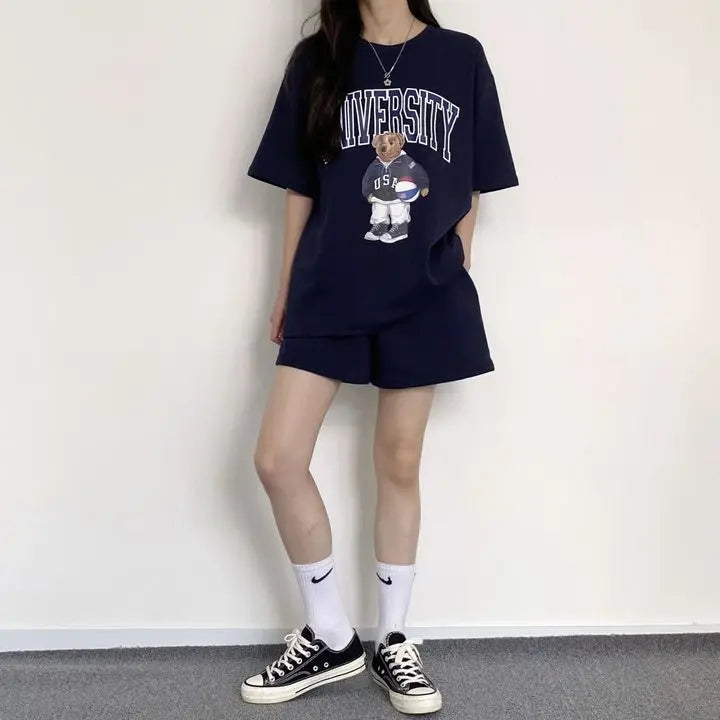 Summer Cotton Bear Print Short Sets 2025 New Casual Loose Two Pieces Short Sleeve T Shirt and High Waist Short Pants Suits Women