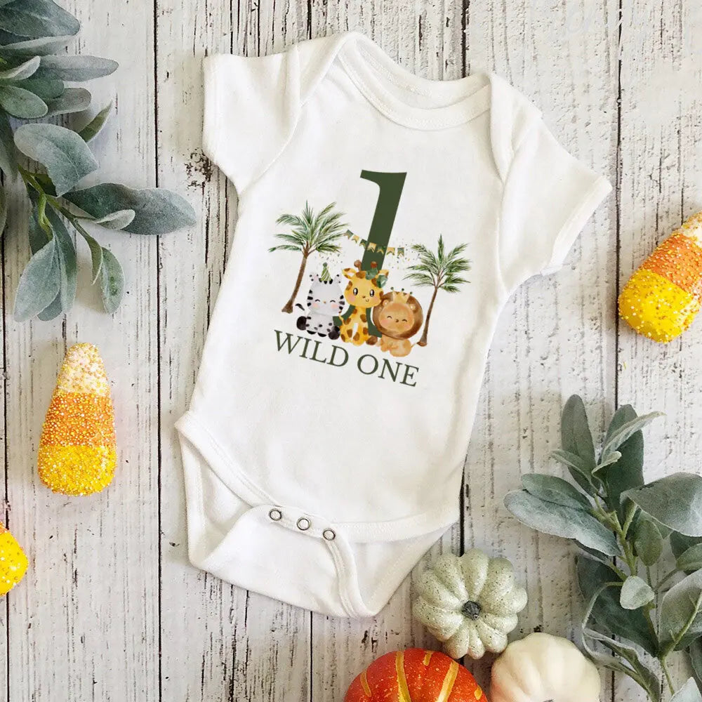 Wild One Birthday Baby Bodusuit Safari Animals Printed Romper Infant 1st Birthday Jungle Party Outfit Jumpsuit Baby Shower Gift