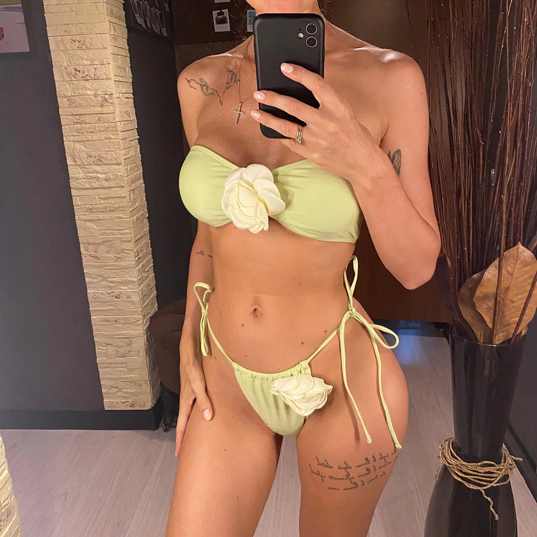 14 Colors 3D Flowers Bandeau High Cut Bikini Female Swimsuit Women Swimwear Two-pieces Bikini set Bather Bathing Suit Swim V5265