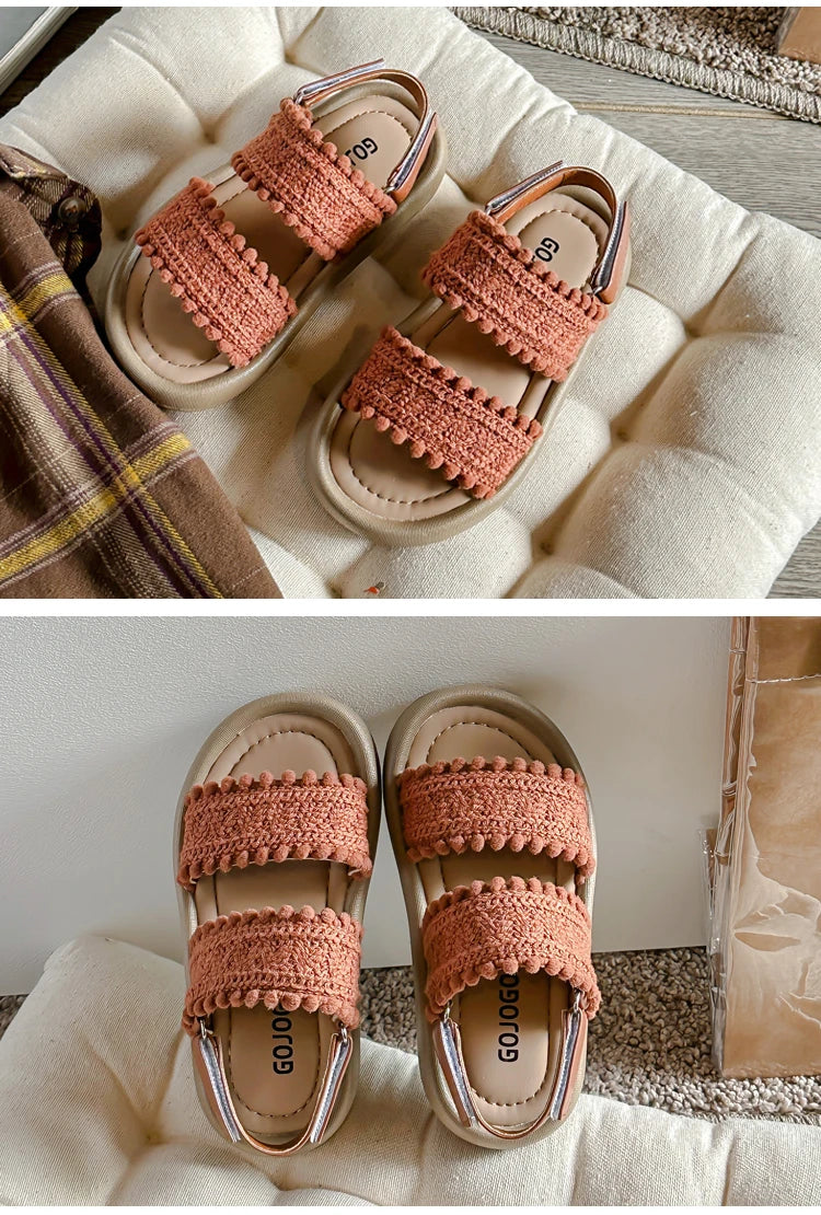 Kids Fashion Girls Sandals 2024 New Soft Ethnic French Wind Open-toe Cool Breatheable Princess Shoes Children Versatile Platform
