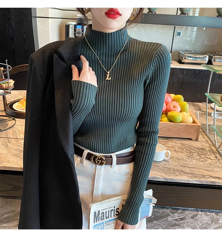 Winter Long Sleeve Mock Neck Knitted Women Sweater Pullover Slim Knit Sweater Women Tops Blusas Mujer De Moda 2024 Blusa J995