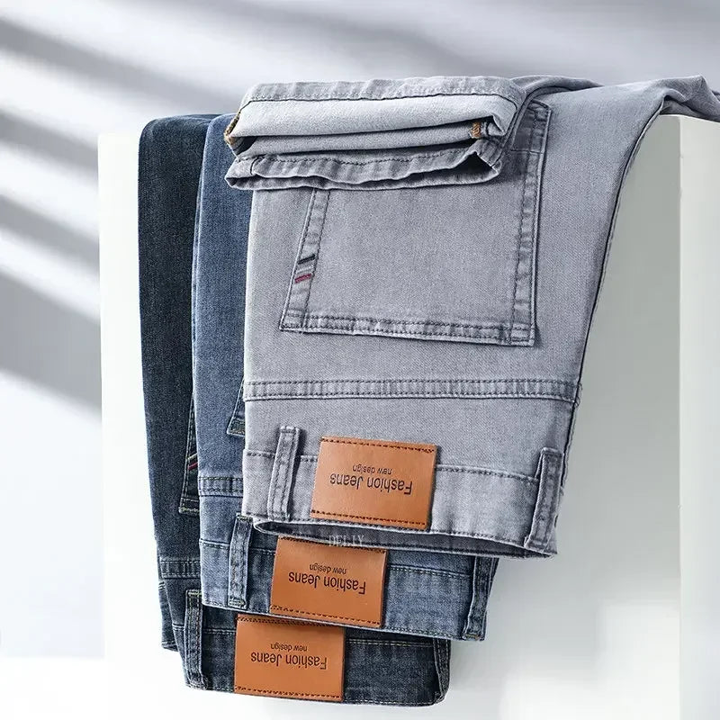 2024 Brand Thin or Thick Material Straight Cotton Stretch Denim Men's  Business Casual High Waist Light Grey Blue Jeans