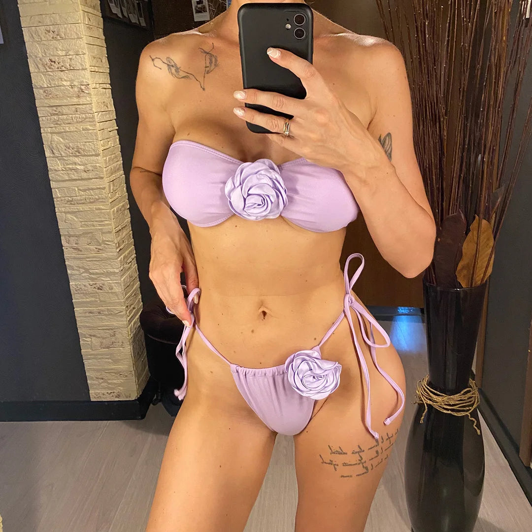 14 Colors 3D Flowers Bandeau High Cut Bikini Female Swimsuit Women Swimwear Two-pieces Bikini set Bather Bathing Suit Swim V5265