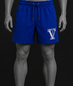 Mannequin wearing blue shorts with a logo on a black background