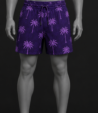 Mannequin wearing purple swim shorts with palm tree pattern on a black background