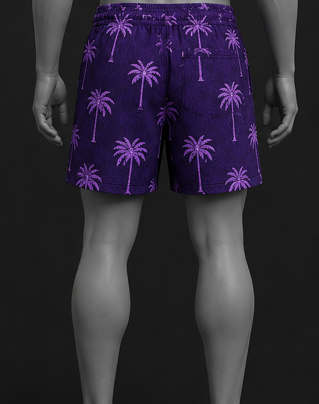 Mannequin wearing purple swim shorts with palm tree pattern on a black background