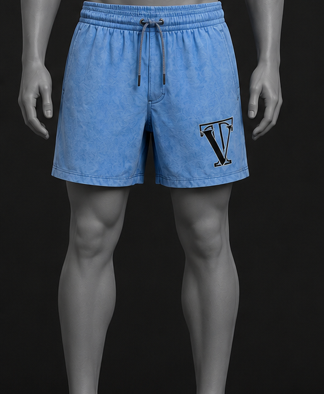 Mannequin wearing blue shorts with a logo on a black background