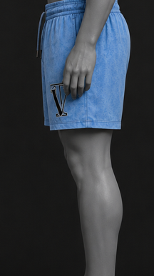 Man wearing blue swim shorts on a black background