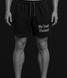 Mannequin wearing black shorts with 'The Vault Boy' branding on a black background
